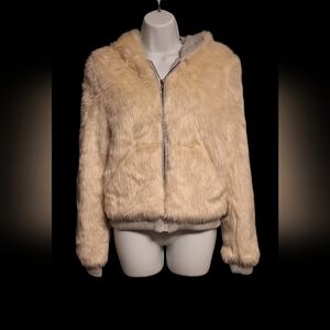 Faux Fur Hooded Jacket by Love Tree Sz L Game Night Fall Winter Casual Denim EUC